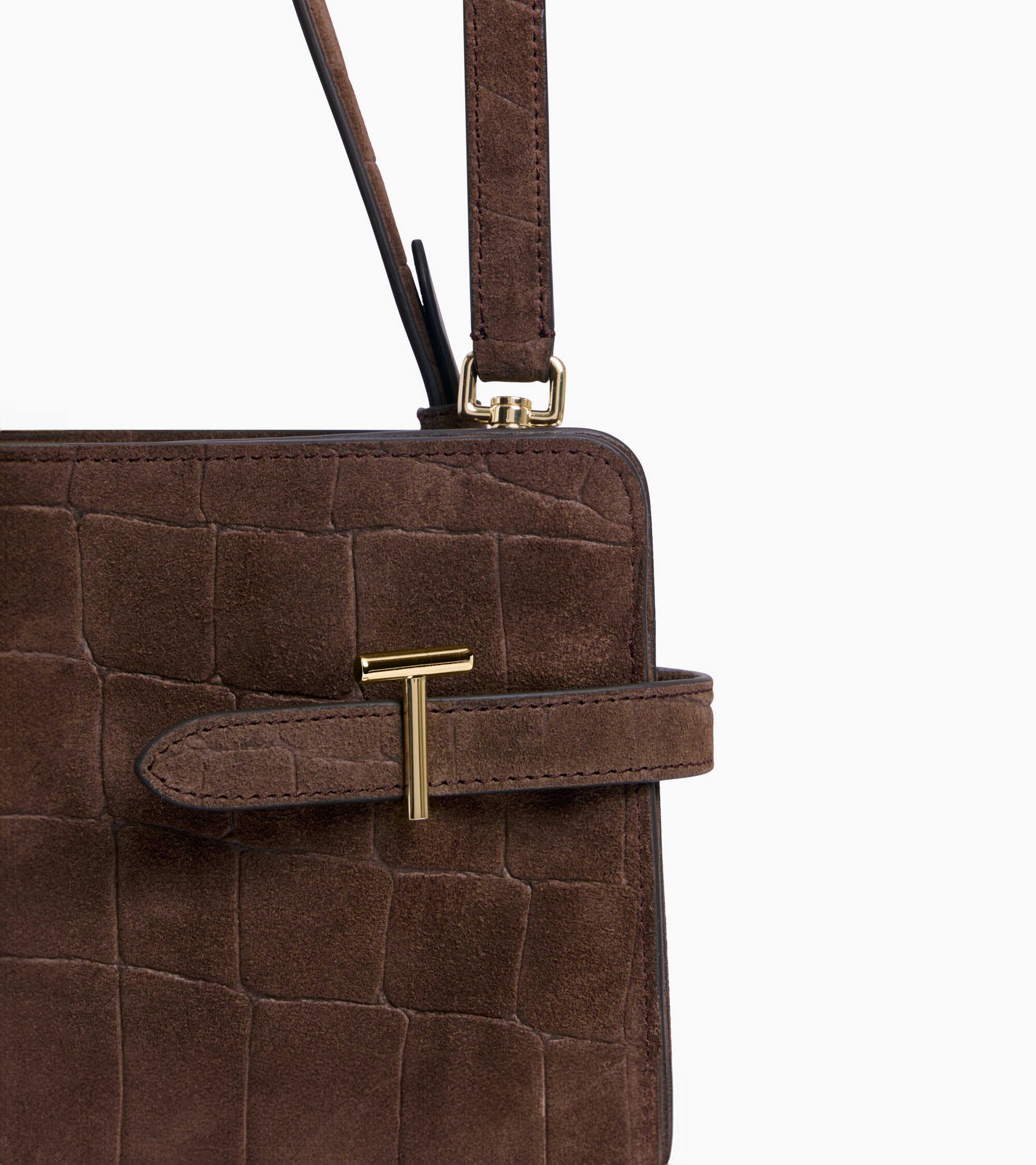 Große Schultertasche Emie aus geprägtem Veloursleder in Krokodilleder-Optik