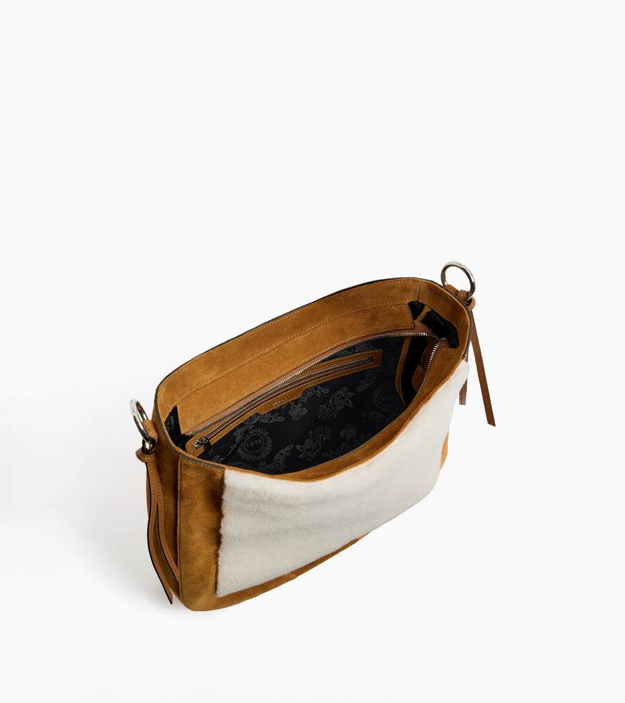 Sac hobo moyen modèle Ella en cuir suède et peau lainée
